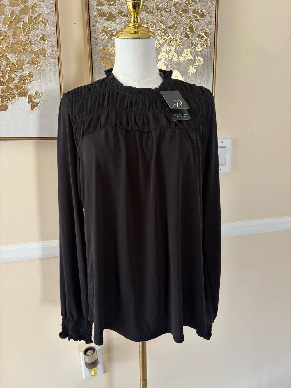 Adrianna Papell Black Long-Sleeve Smocked Yoke Blouse